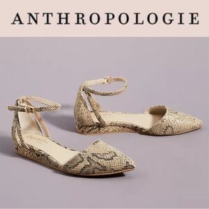 ANTHROPOLOGIE SEYCHELLES PLATEAU LEATHER SNAKE PRINT ANKLE STRAP FLATS